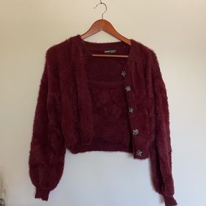 Button Front Fuzzy Knit Cardigan With Cami